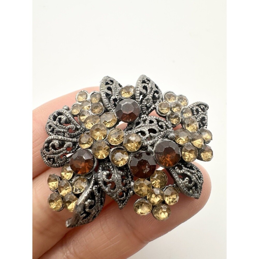 Vintage Rhinestone Floral Brooch Pin Brown